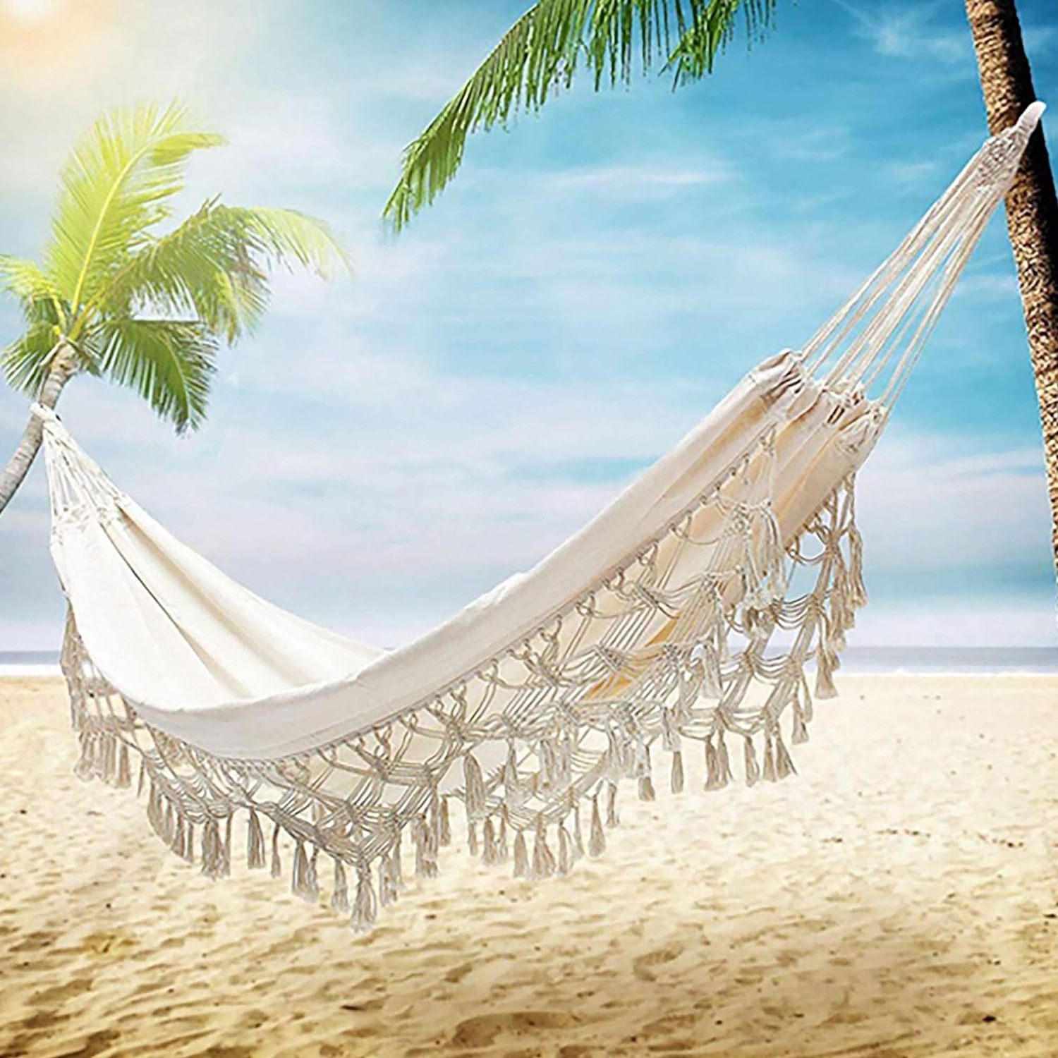 2024 Canvas Macrame Cream Hammock with Elegant Tassels and Fishtail Knitting Includes Tie Ropes and White Drawstring Bag