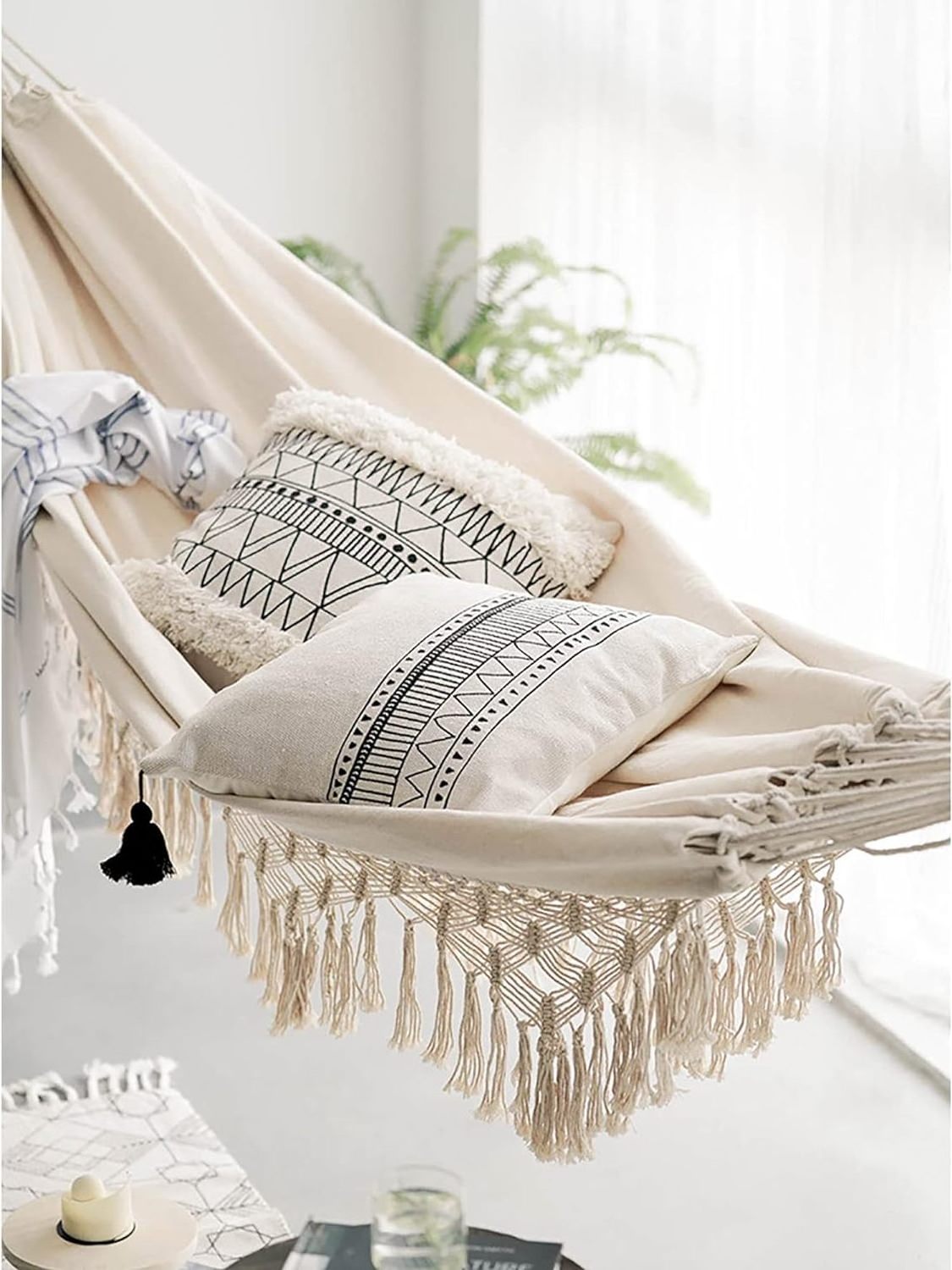 2024 Canvas Macrame Cream Hammock with Elegant Tassels and Fishtail Knitting Includes Tie Ropes and White Drawstring Bag