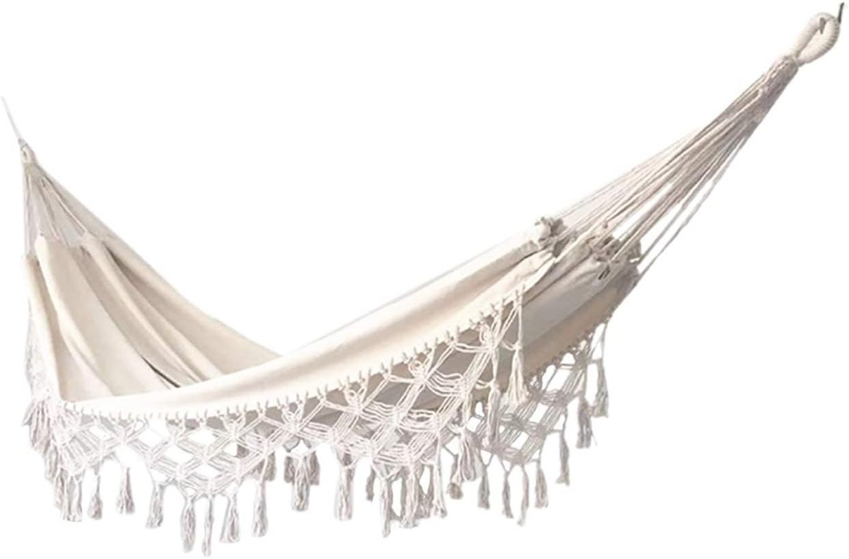 2024 Canvas Macrame Cream Hammock with Elegant Tassels and Fishtail Knitting Includes Tie Ropes and White Drawstring Bag