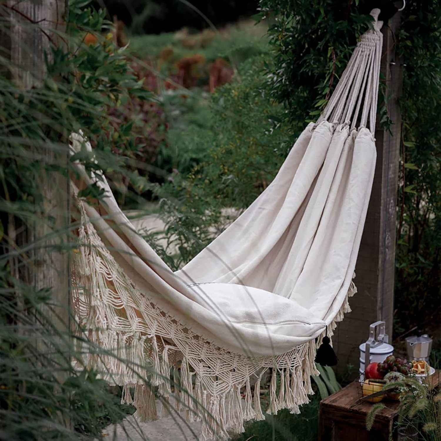 2024 Canvas Macrame Cream Hammock with Elegant Tassels and Fishtail Knitting Includes Tie Ropes and White Drawstring Bag