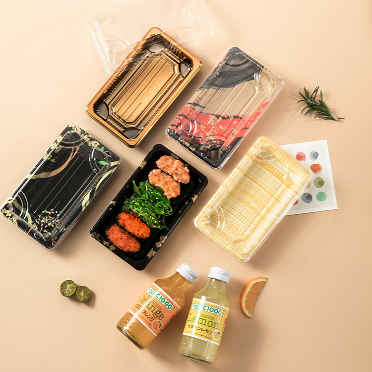 Custom cake packaging Transparent Disposable Takeout Sushi Tray Rectangular plastic sushi food packing tray sushi box with lid