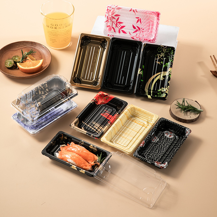 Custom cake packaging Transparent Disposable Takeout Sushi Tray Rectangular plastic sushi food packing tray sushi box with lid