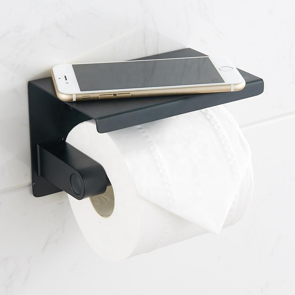 Matt black SUS 304 Stainless Steel wall mount toilet paper holder with shelf