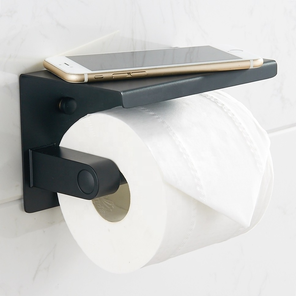 Matt black SUS 304 Stainless Steel wall mount toilet paper holder with shelf