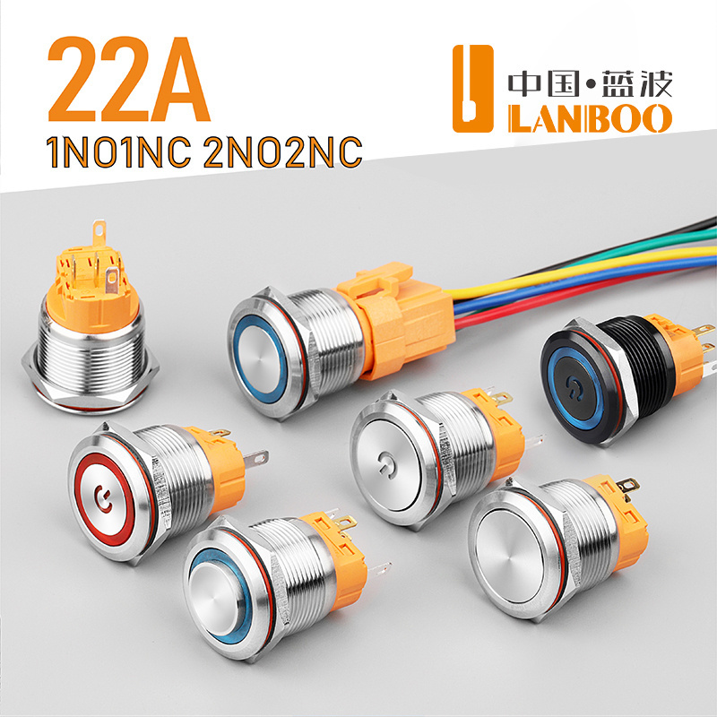 LANBOO Push Button Switch 1NO1NC SPST2NO2NC DPDT Illuminated Metal 22mm Ring Led/symbol Led/dot LED Momentary or Latching 3A