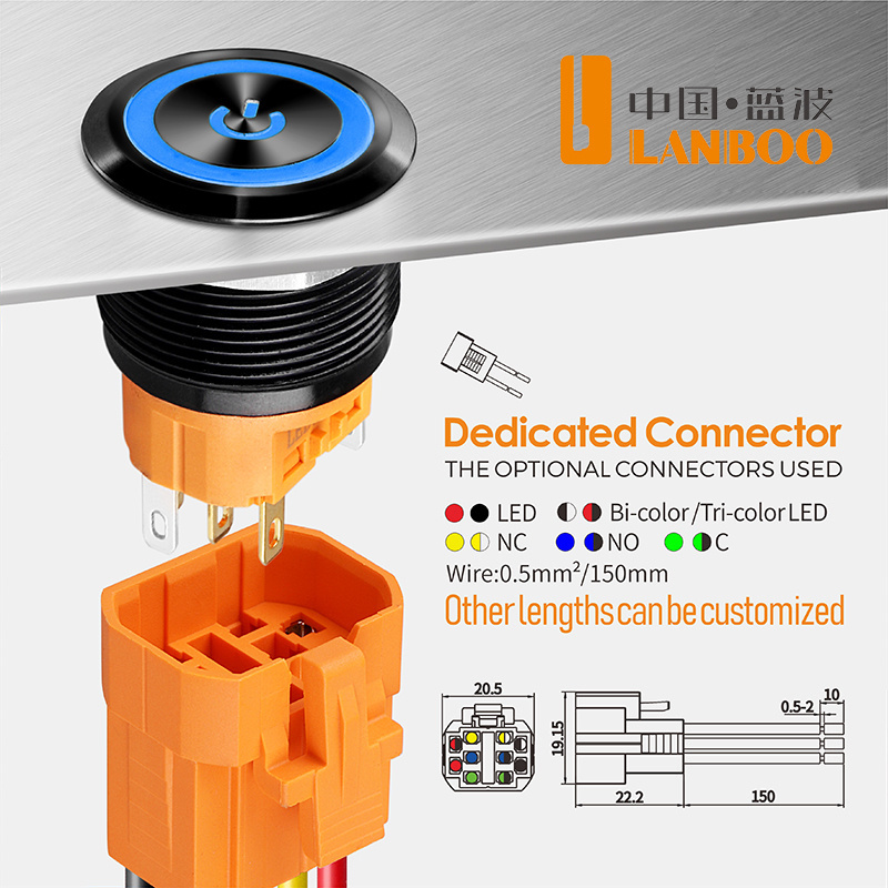 LANBOO Push Button Switch 1NO1NC SPST2NO2NC DPDT Illuminated Metal 22mm Ring Led/symbol Led/dot LED Momentary or Latching 3A