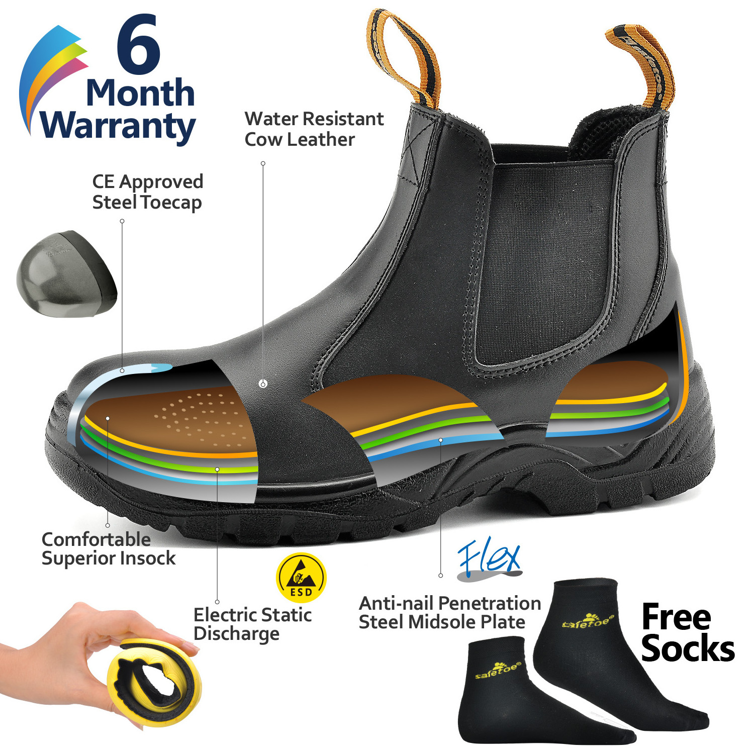 SAFETOE Water Resistant Safety Work Boots - 8025 Free Sock S3 Site Safety Shoes with Lightweight Wide Fit Steel Toecap