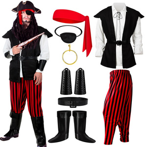 9 Pcs Halloween Men's Pirate Costume Adults Renaissance Captain Pirate Costume for Halloween Cosplay Accessories