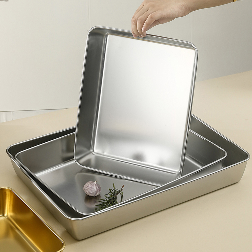 Hot Sale Japanese Multi Size Stainless Steel Bread Plate Rectangular Fruit Cake Square Tray Thickened Baking Pan Oven