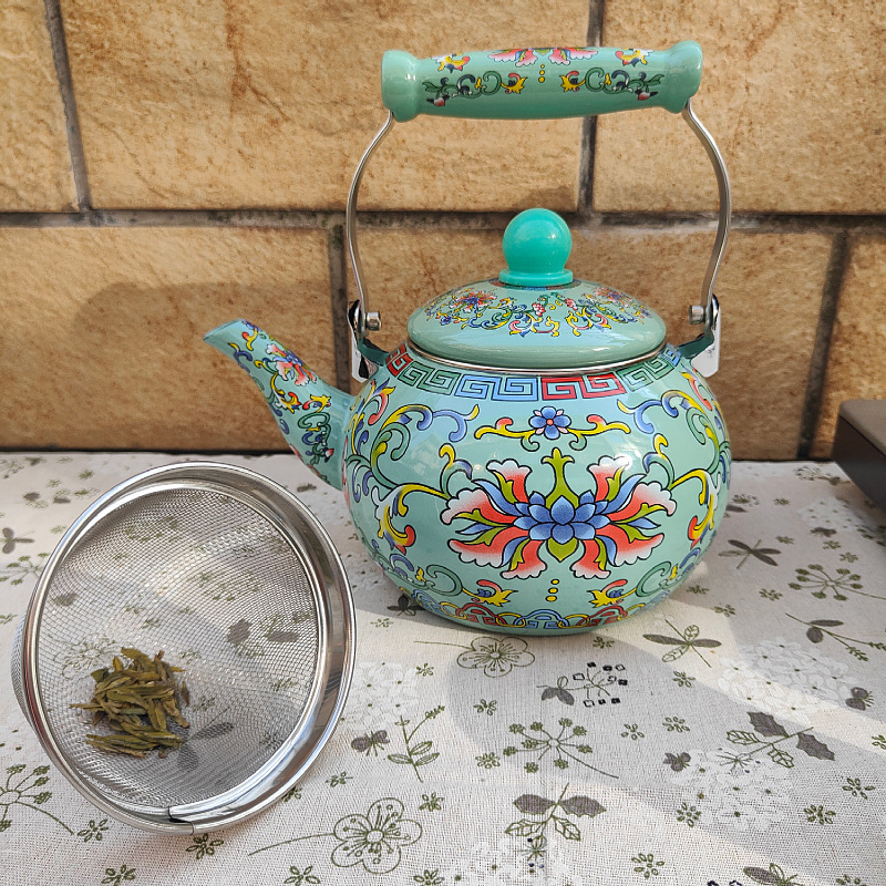 Custom Pattern 2.2L Enamel Coffee Pot Thickened Flat Bottom Water Kettle Flowers Cast Iron Teapot For Induction Cooker Gas