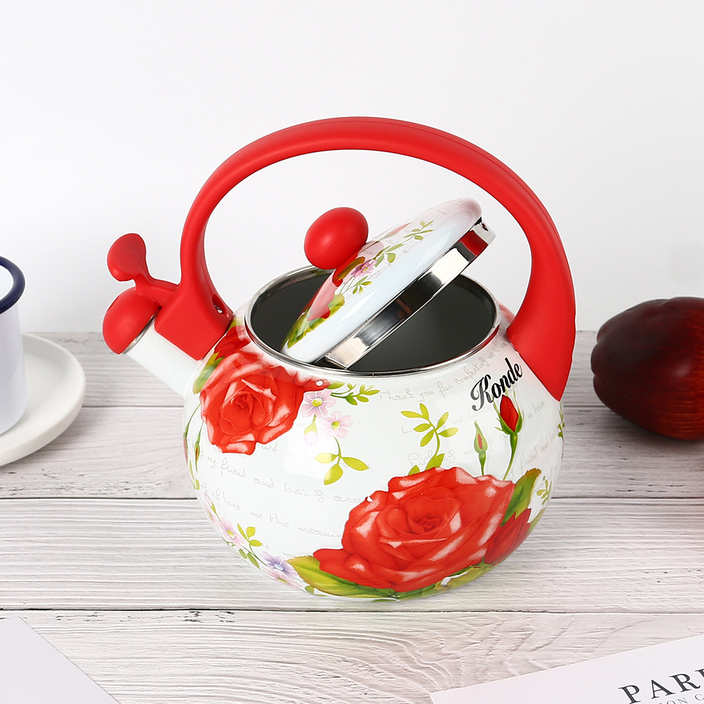 2.2 L  Best selling classic  style red flower  water kettle  kitchenware enamel tea coffee kettle