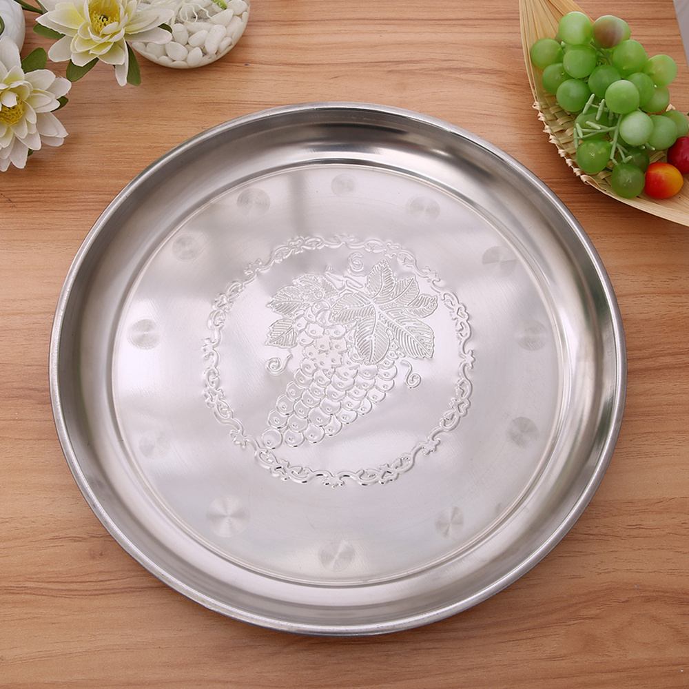 Factory wholesale stock food grade stainless steel serving tray with grape pattern,round metal fruit tray