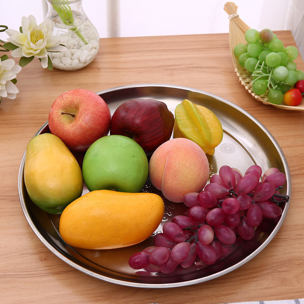 Factory wholesale stock food grade stainless steel serving tray with grape pattern,round metal fruit tray