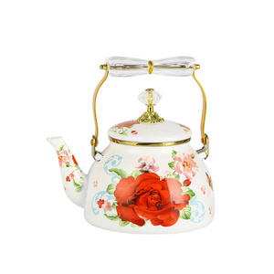 Crystal Handle Enamel Coffee Pot Good Appearance Hot Water Kettle Household Flower Decal Teapot For Gas Induction Stove