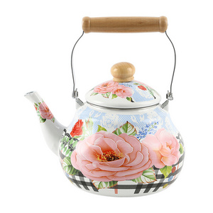 Factory Wholesale Enamel Water Kettle 1.5/2/2.5L Wooden Handle Pear-shaped Teapot Suitable For Gas Induction Cooker