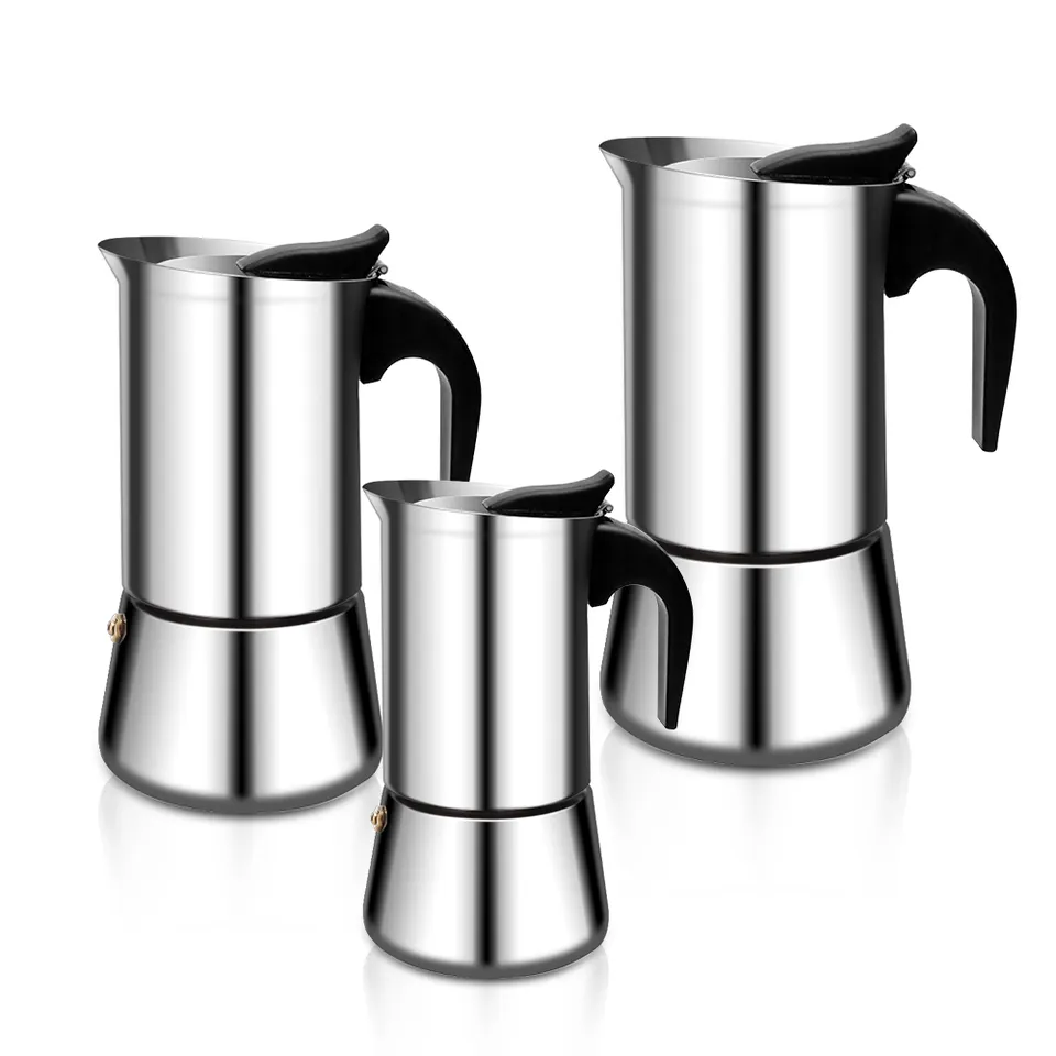 2023 Wholesale Fashion Stainless Steel Moka Coffee Pot Portable  Italiana Espresso Coffee Maker For Gas Stove Induction Cooker