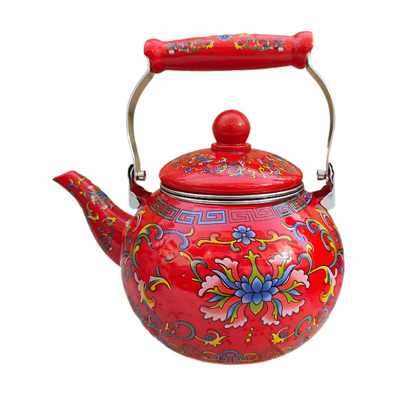 Custom Pattern 2.2L Enamel Coffee Pot Thickened Flat Bottom Water Kettle Flowers Cast Iron Teapot For Induction Cooker Gas