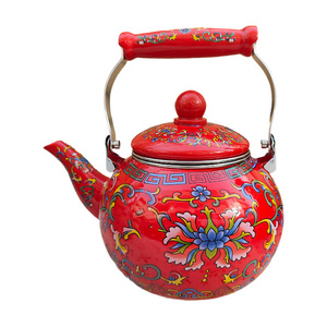 Custom Pattern 2.2L Enamel Coffee Pot Thickened Flat Bottom Water Kettle Flowers Cast Iron Teapot For Induction Cooker Gas