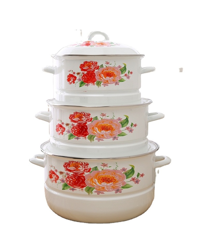 2022 hot sale enamel pots set kitchenware enamel casserole set with decals of flower patterns