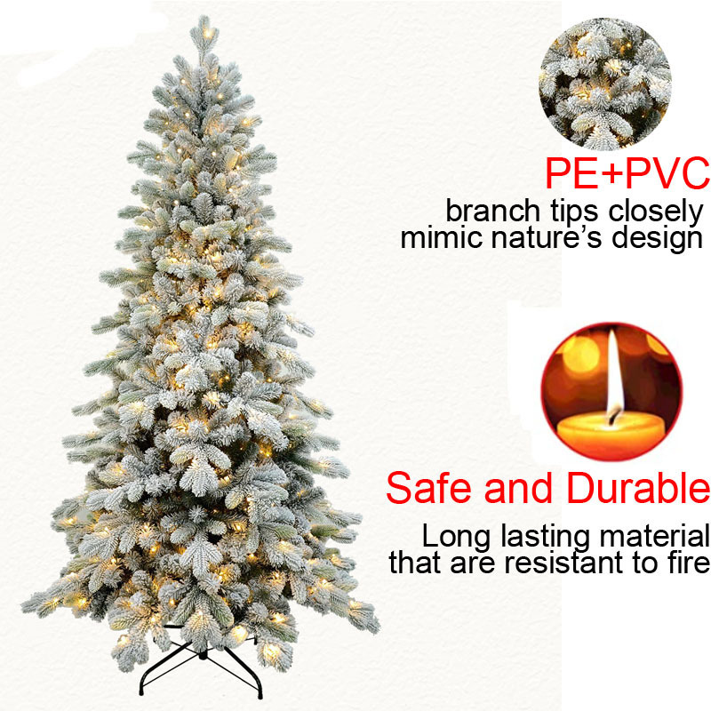 Longstar Wholesale  Xmas Tree Prelit Artificial Snow Flocked Christmas Tree Fiber Optic Xmas Tree with Warm LED Lights