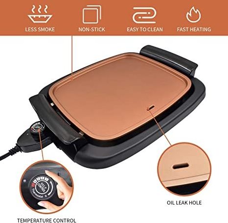 Smokeless Nonstick Square Griddle Pan with Recipe and Clip Oil Leak Hole Design Electric Griddle Grill