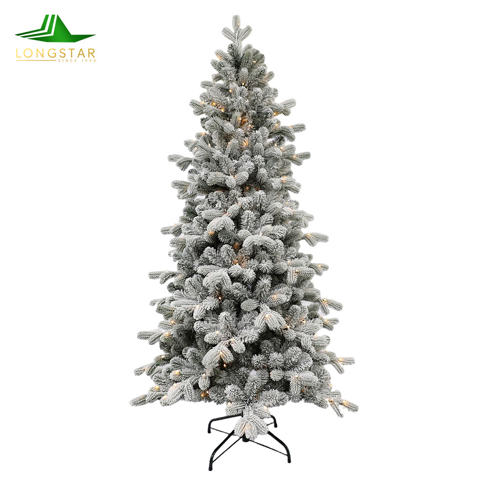 Prelit Artificial Snow Flocked Christmas Tree Wholesale Metal Stand Xmas Tree Fiber Optic Xmas Tree with Warm LED Lights