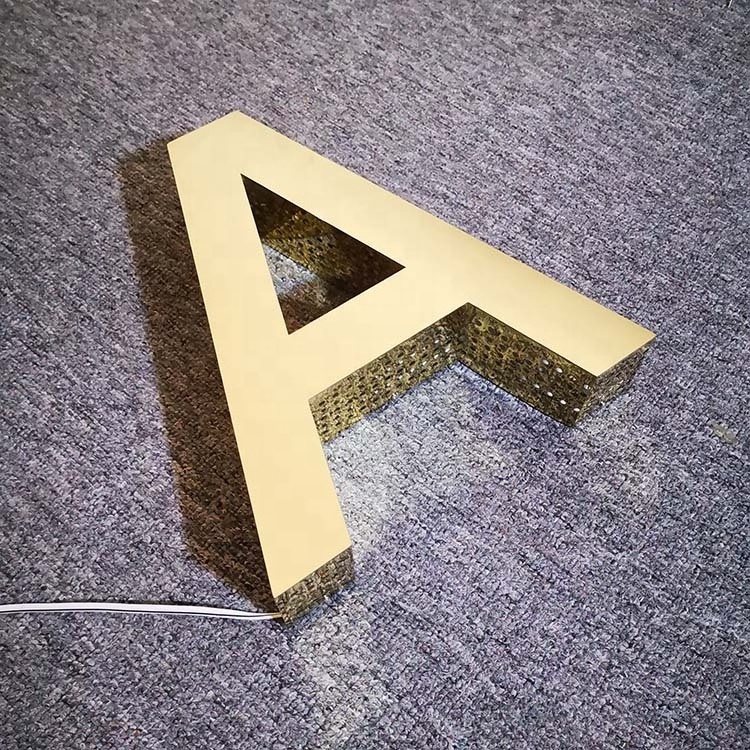 Fashion mirror 3d gold metal letters custom led punching letter sign side lit channel letters