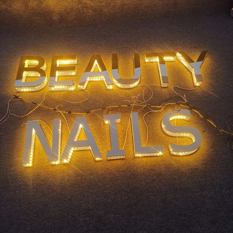 Fashion mirror 3d gold metal letters custom led punching letter sign side lit channel letters