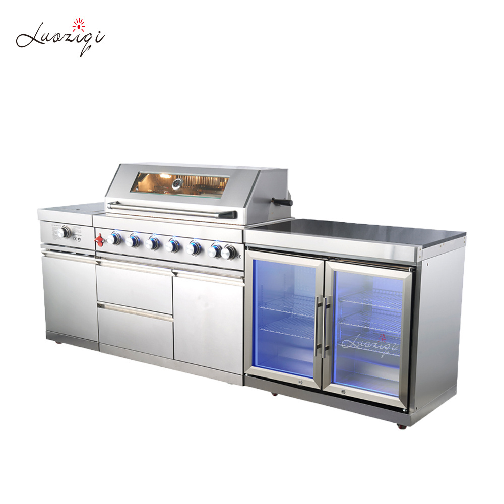 with fridge and pizza oven griddle stainless steel doors gas bbq grill camping table garden outdoor kitchen