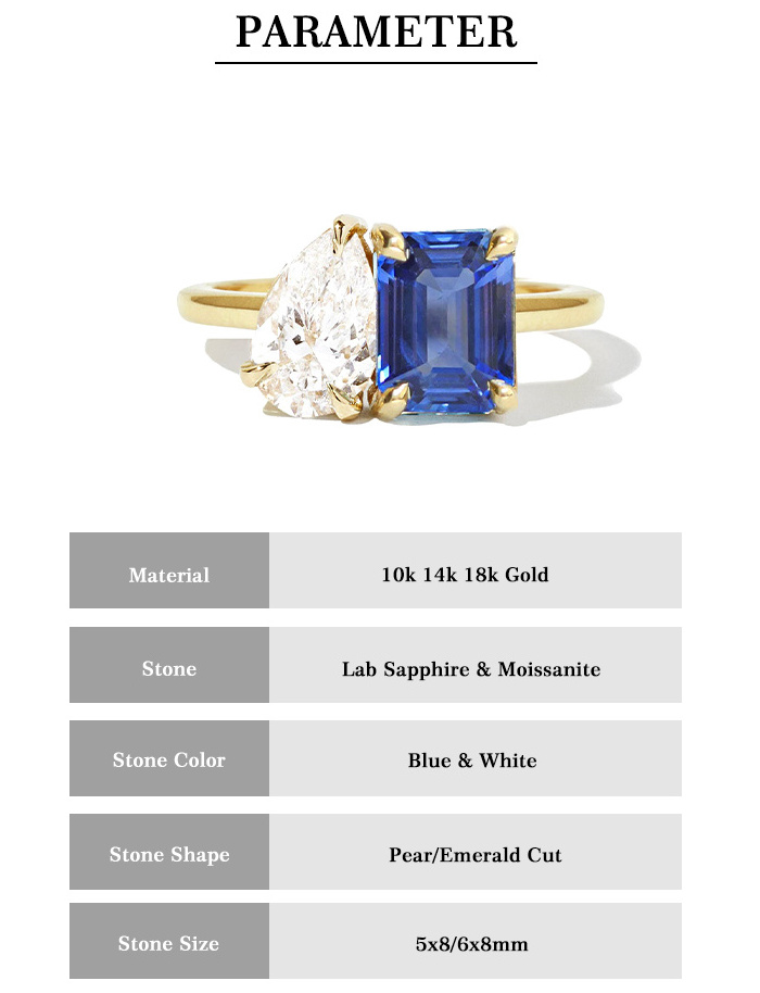 Luster Toi Et Moi 10K 14K 18K Gold Two Stone Ring Lab Grown Blue Sapphire and 1carat Moissanite Ring Wedding Engagement Ring