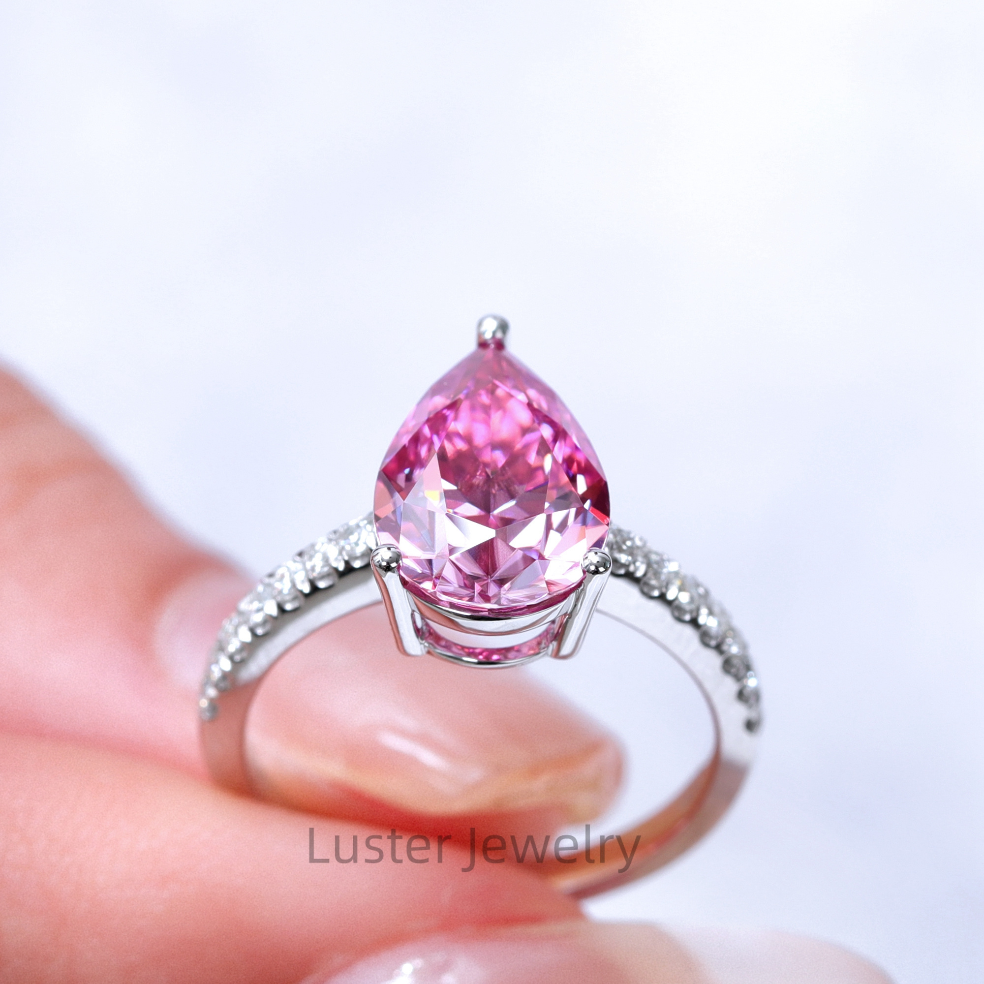 Luster Gorgeous Engagement 925 Sterling Silver 4.0ct Teardrop Shape Moissanite 10K/14K/18K Pink Pear Cut Moissanite Gold Ring