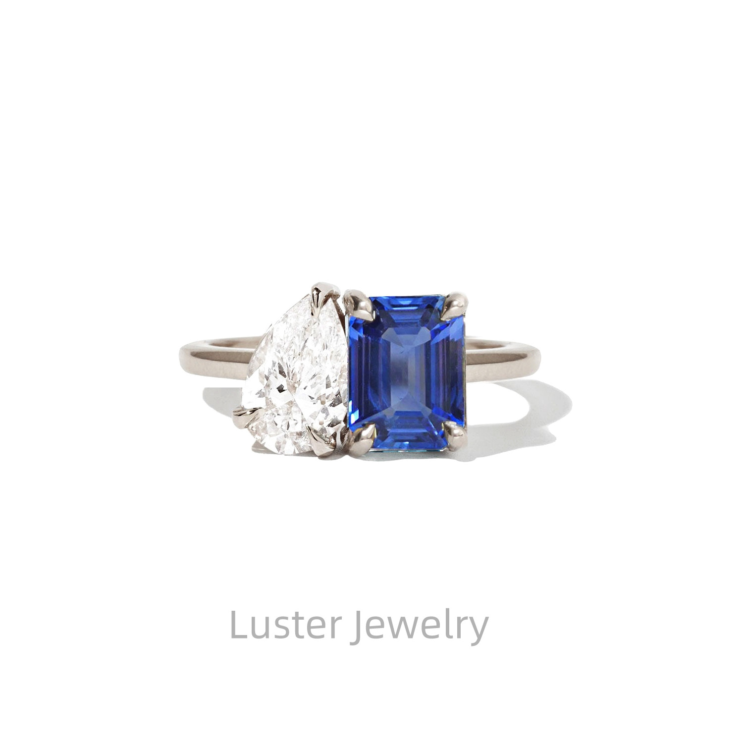 Luster Toi Et Moi 10K 14K 18K Gold Two Stone Ring Lab Grown Blue Sapphire and 1carat Moissanite Ring Wedding Engagement Ring