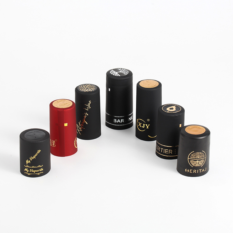 custom Wine bottle cork with black plastic top gold PVC shrink capsule wine shrink lid