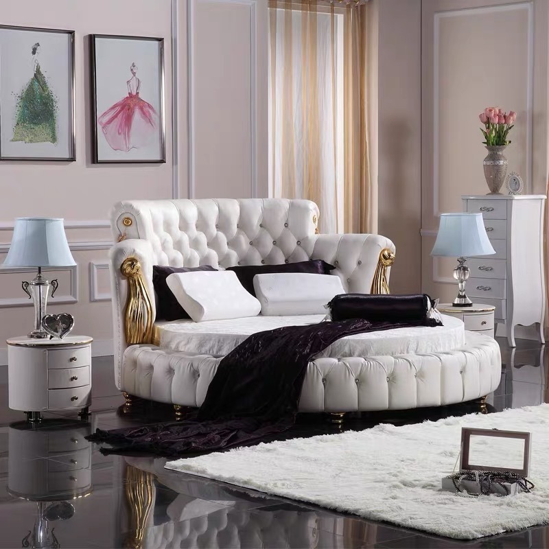 Hot-selling Modern Bedroom Latest Leather Upholstered Platform Smart Royal Round Bed