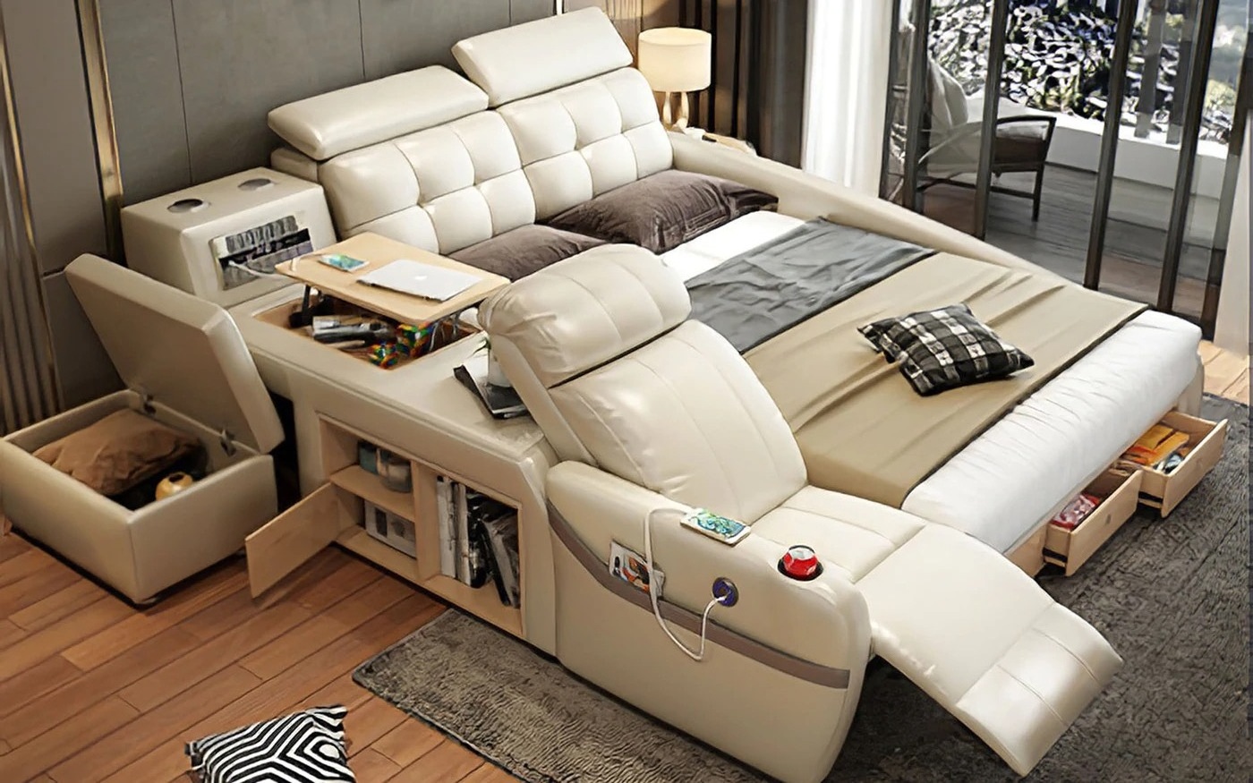 Modern White Bedroom Furniture Leather Bed with Speaker USB Charger Massage Sofa Bed Sets