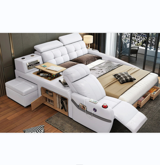 Modern White Bedroom Furniture Leather Bed with Speaker USB Charger Massage Sofa Bed Sets