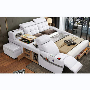 Modern White Bedroom Furniture Leather Bed with Speaker USB Charger Massage Sofa Bed Sets