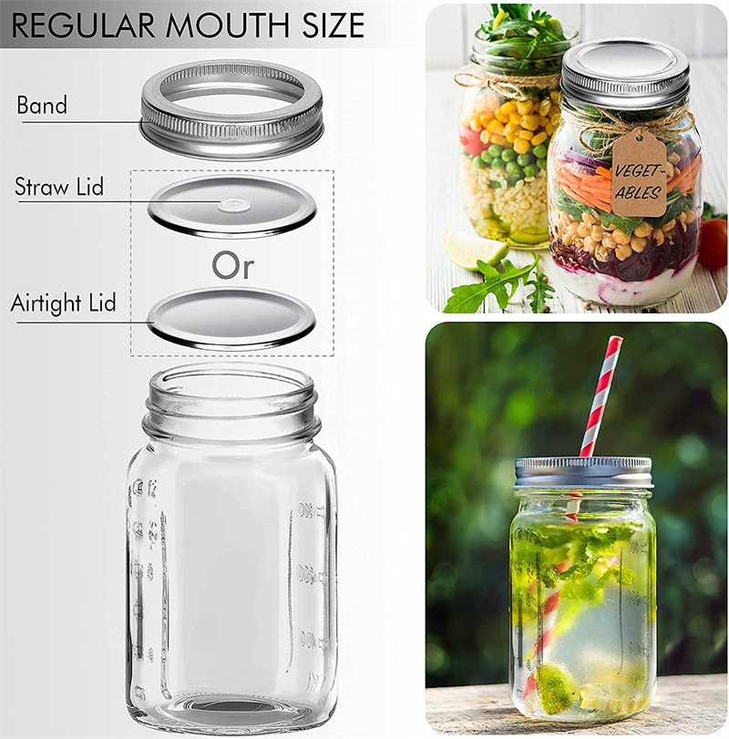 DD1826  Kitchen Clear Jam Honey Storage Scale Container 16 oz Glass Mason Jars with Regular Airtight and Straw Lids