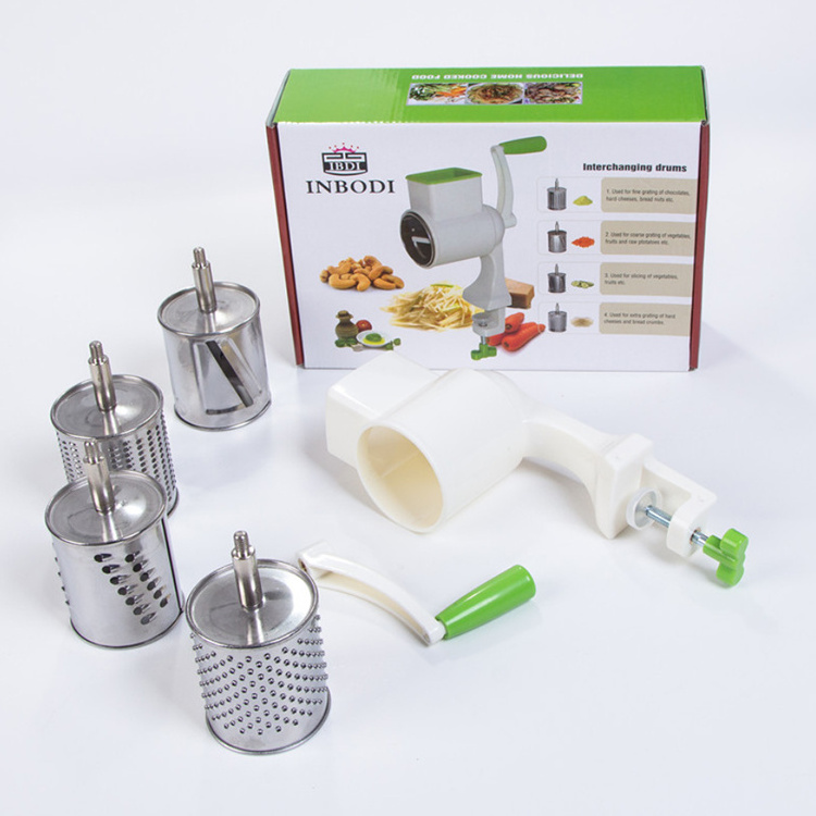 A1074 Kitchen Rotary Drum Grater Vegetable Cheese Cutter Slicer with 4 Interchanging Stainless Steel Drums Potato Fruit Shredder