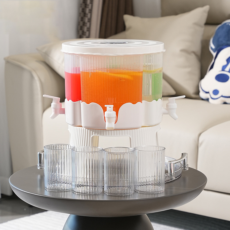 DD1451 Rotation Fruit Juice Bucket Set with 4 Faucet and Cup Teapot Infusion Pitcher Beverage Fridge Cold Kettle Drink Dispenser