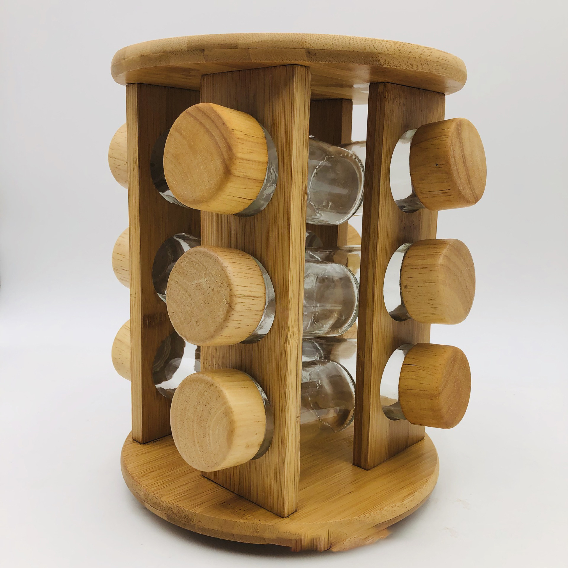 CL019 4-layer Circular Bamboo Seasoning Rack Rotating Base Wooden Lid Spice Bottle Bamboo Rack Kitchen Restaurant Spice Rack