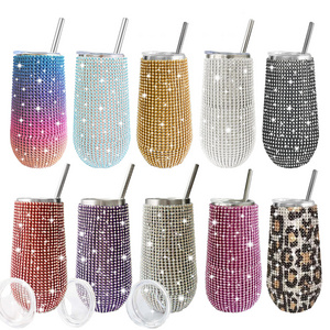 DD2748   Bling Stainless Steel Wine Tumbler Rhinestone Egg U shaped Coffee Cup Diamond Insulated Glitter Water Bottle