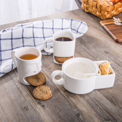 Z455 Porcelainous Milk Face Cup Tea Mugs  with Biscuit Pocket White Cookies Cup Holder Cookies White Ceramic Coffee Mug