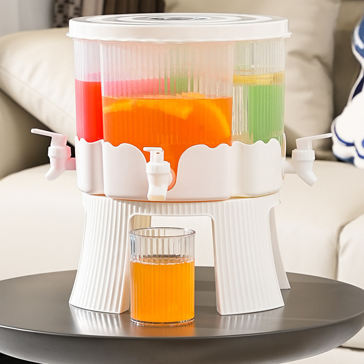 DD1451 Rotation Fruit Juice Bucket Set with 4 Faucet and Cup Teapot Infusion Pitcher Beverage Fridge Cold Kettle Drink Dispenser