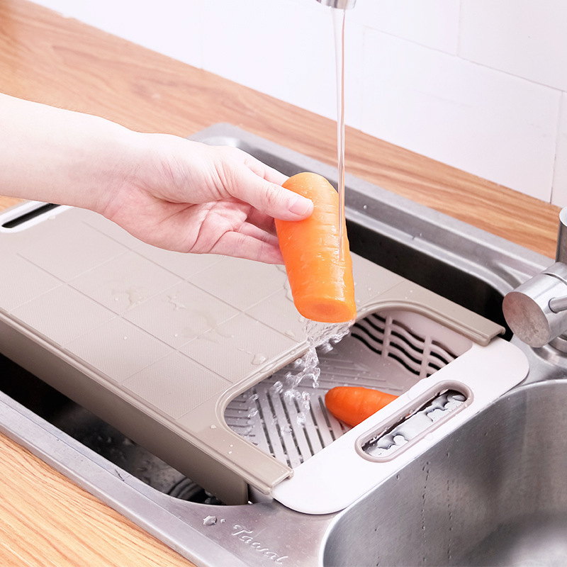 DD2403 Plastic Telescopic Chopping Board Kitchen Sink Drain Storage Multifunction Cutting Board with Basket