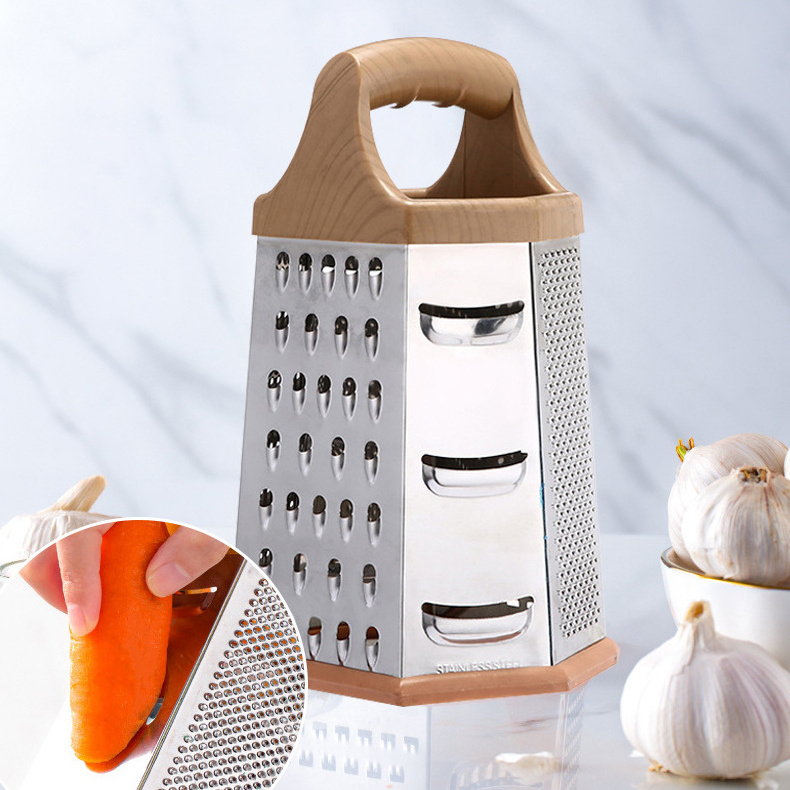 DD1080  Kitchen Gadgets Wood Handle Chopping 6 in 1 Multifunctional Grater Stainless Steel Box Grater Peeler Slicer