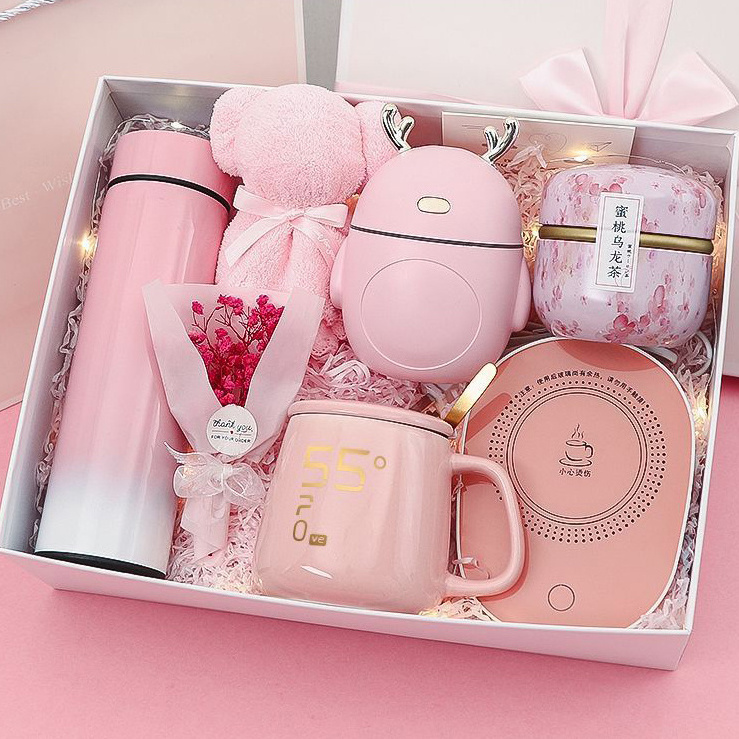 DD2166 Custom Girls Gift Box Set Thermostatic Cup Porcelain Pink Ceramic Tea Coffee Mug for Mothers Day Valentine Wedding