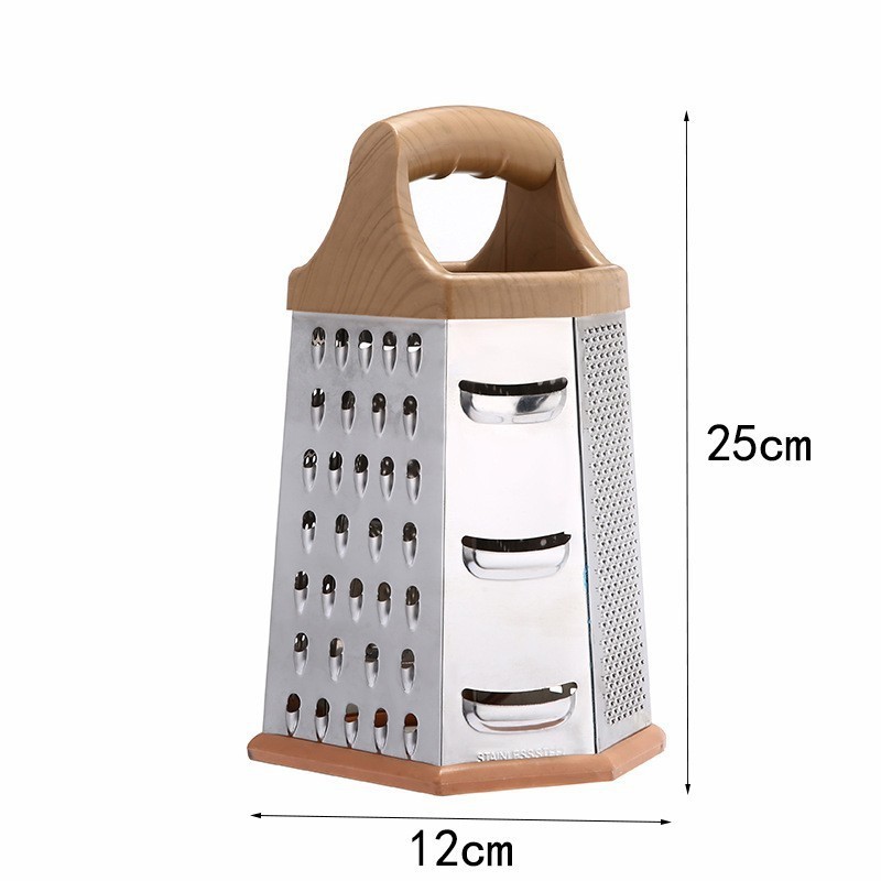 DD1080  Kitchen Gadgets Wood Handle Chopping 6 in 1 Multifunctional Grater Stainless Steel Box Grater Peeler Slicer