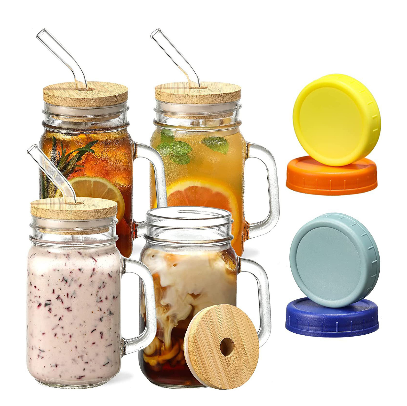 DD1729  Reusable Drinking Oats Containers with Colorful Airtight Lids Customized Glass Straws Mugs 16 oz Mason Jars with Handle