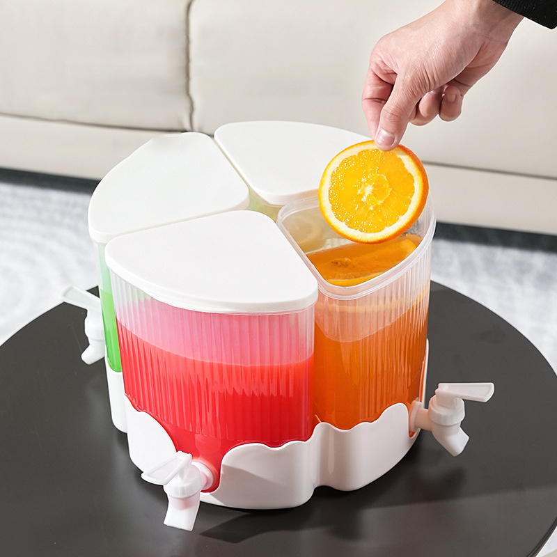 DD1451 Rotation Fruit Juice Bucket Set with 4 Faucet and Cup Teapot Infusion Pitcher Beverage Fridge Cold Kettle Drink Dispenser